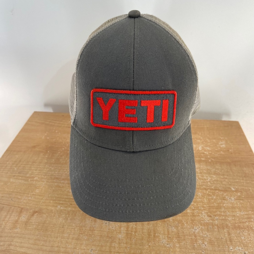 YETI Trucker Hat Gray Tan Red Logo Patch Snapback Mesh Cap Built For The Wild